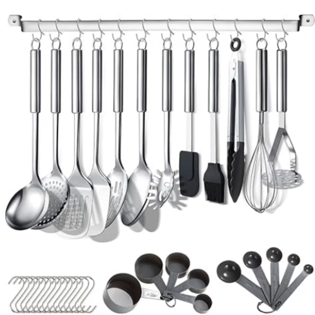 Kitchen Utensils Set 38 Pieces Stainless Steel Cooking Utensils Set Kitchen Gadgets Cookware Kitchen Tool Set with Utensil Holder Rack And Hooks For Hanging Dishwasher Suitable – Space-Saving Hanging Design for Flexible Room-to-Room Use
