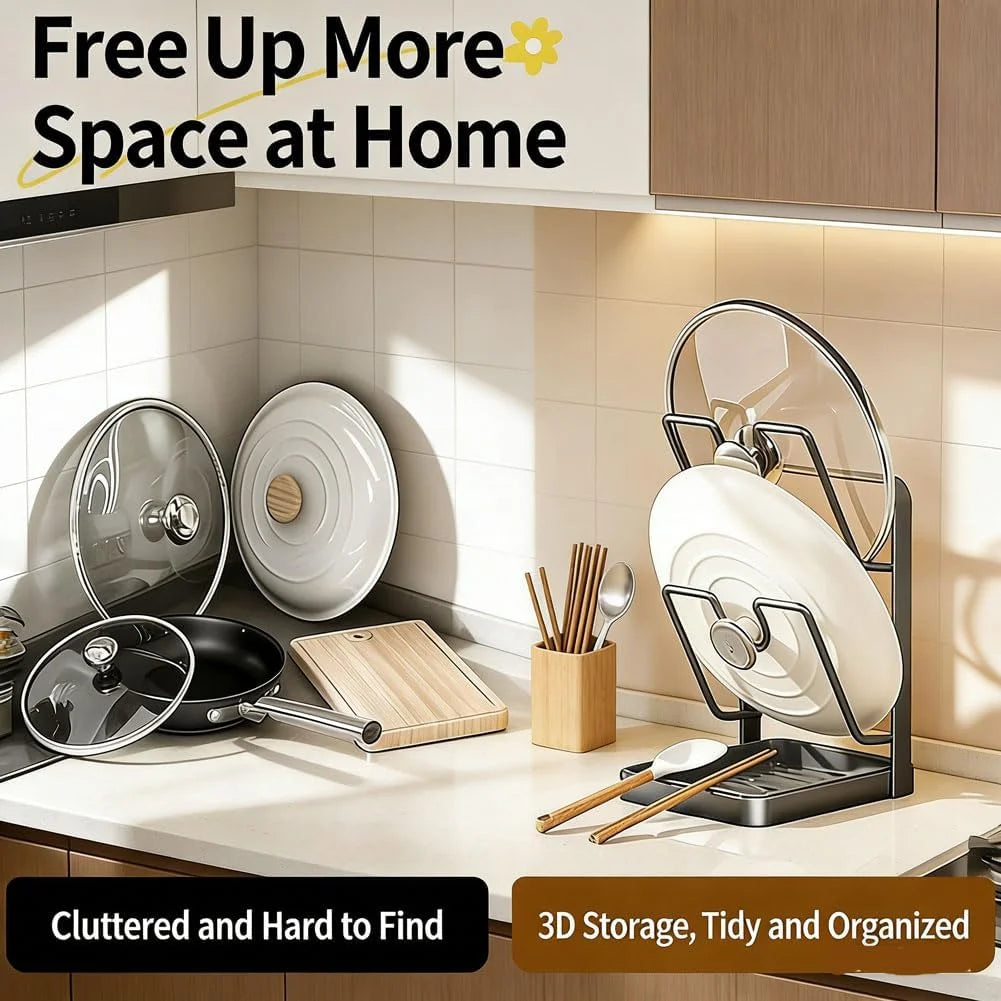 Kitchen Pot Lid Storage Rack Stainless Steel Pot Lid Holder While Cooking & Spoon Rest Multifunctional Pot Lid Organizer with Removable Drip Tray for Countertop Space-Saving Lid Rack – Durable Stainless Steel Construction for Flexible Room-to-Room Use