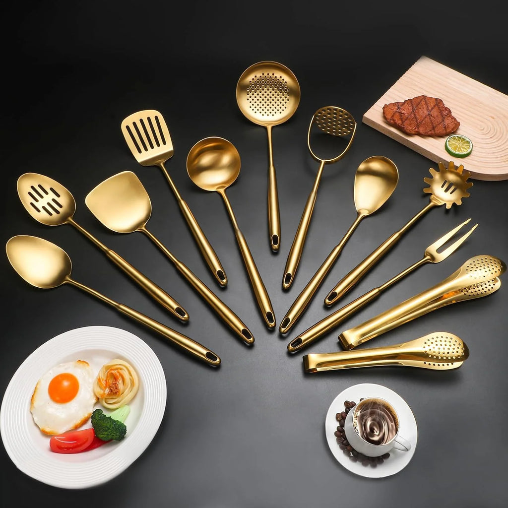 304 Stainlss Steel Kitchen Utensils Set 12 Pcs Long Metal Cooking Utensil Gadgets Tools Set with Spatula Ladle Spoon Ladle Skimmer Tunner Pasta Server Tongs(Silver Dishwasher Suitable) – Convenient Multi-Piece Set for Flexible Room-to-Room Use