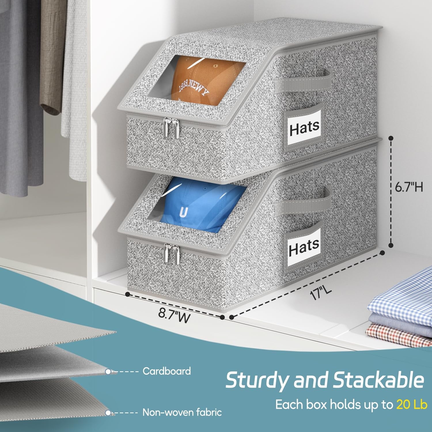 2 Pcs Stackable Hat Storage for Baseball Caps Holds up to 24 Caps Hat Organizer for Closet Sturdy Snapback Boxes for Men with Cardboard Grey – Stackable Organization for Flexible Room-to-Room Use