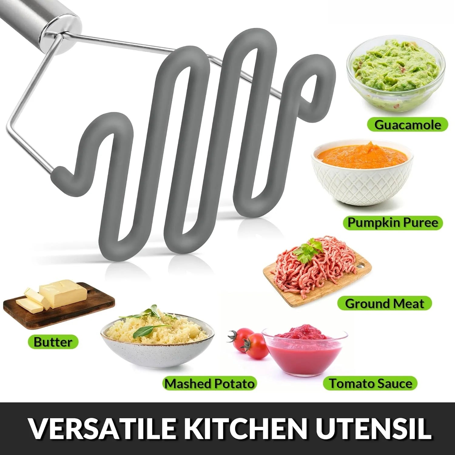 Scratch-resistant silicone potato masher kitchen tool potato masher stainless steel wrapped durable silicone potato smasher gray – Durable Stainless Steel Construction for Flexible Room-to-Room Use