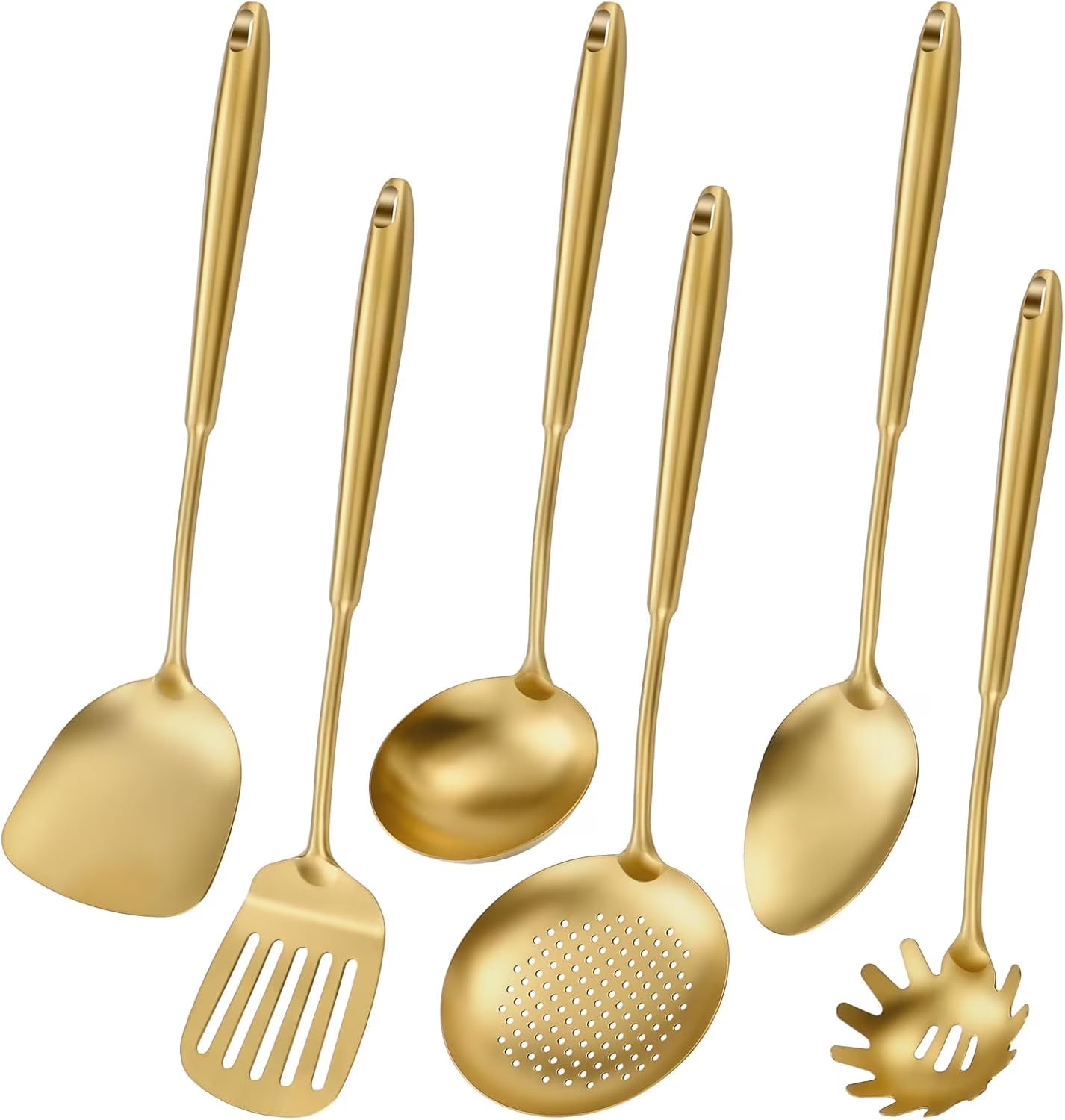 304 Stainless Steel Cooking Utensils,6 Pcs Kitchen Cooking Utensils Set with Spatula Solid Spoon Ladle Skimmer Spaghetti Spoon,Dishwasher Suitable(Gold) – Durable Stainless Steel Construction for Flexible Room-to-Room Use