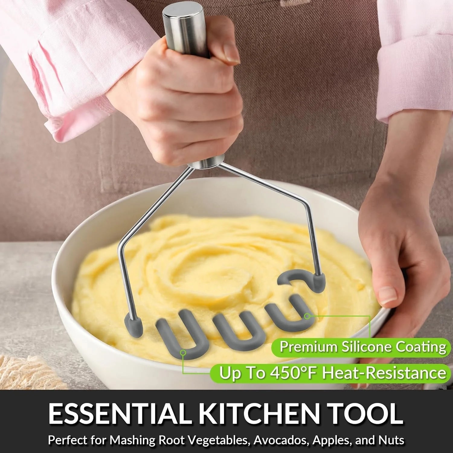 Scratch-resistant silicone potato masher kitchen tool potato masher stainless steel wrapped durable silicone potato smasher gray – Durable Stainless Steel Construction for Flexible Room-to-Room Use