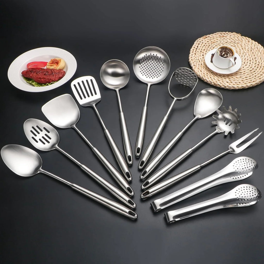 304 Stainless Steel Cooking Utensils,6 Pcs Kitchen Cooking Utensils Set with Spatula Solid Spoon Ladle Skimmer Spaghetti Spoon,Dishwasher Suitable – Durable Stainless Steel Construction for Flexible Room-to-Room Use