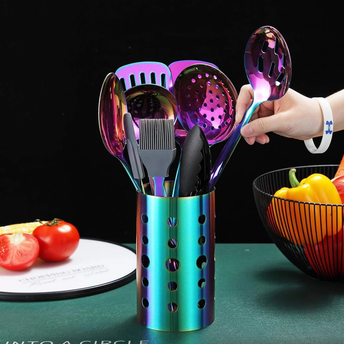 Rainbow Kitchen Utensil Set 13-Piece Stainless Steel Cookware Set Titanium Rainbow Plating Kitchen Tool Set with Cutlery Holder Suitable for Non-stick Cookware Dishwasher Suitable – Durable Stainless Steel Construction for Flexible Room-to-Room Use