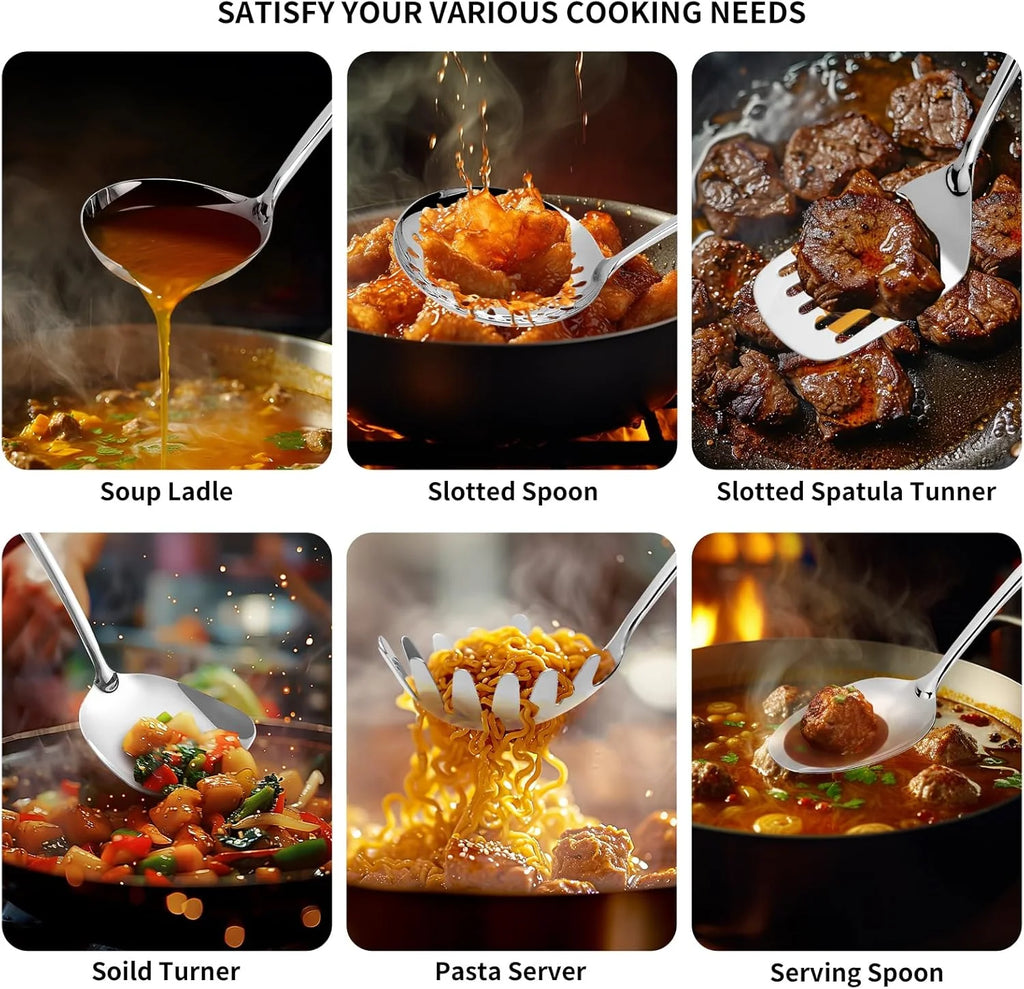 304 Stainless Steel Cooking Utensils Set,6 Pcs Long Metal Kitchen Utensils Set with Spatula Solid Spoon Ladle Skimmer Spaghetti Spoon,Dishwasher Suitable – Durable Stainless Steel Construction for Flexible Room-to-Room Use
