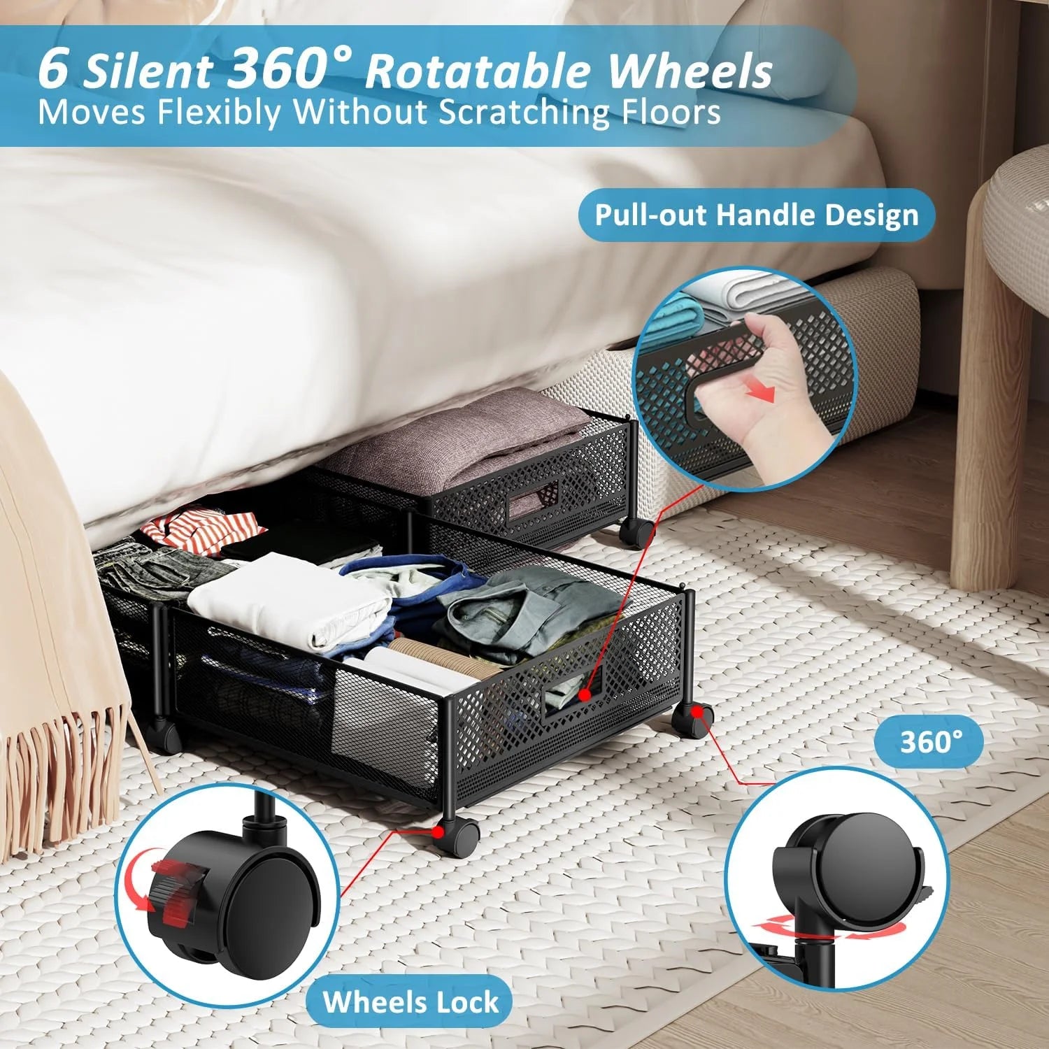 47.2'' Long Under Bed Storage on Wheels 57.6L Large Capacity Rolling Under the Bed Storage Containers Tool-Free Assembly Foldable Underbed Shoes Clothes Toy Drawers – Everyday Household Format for Flexible Room-to-Room Use