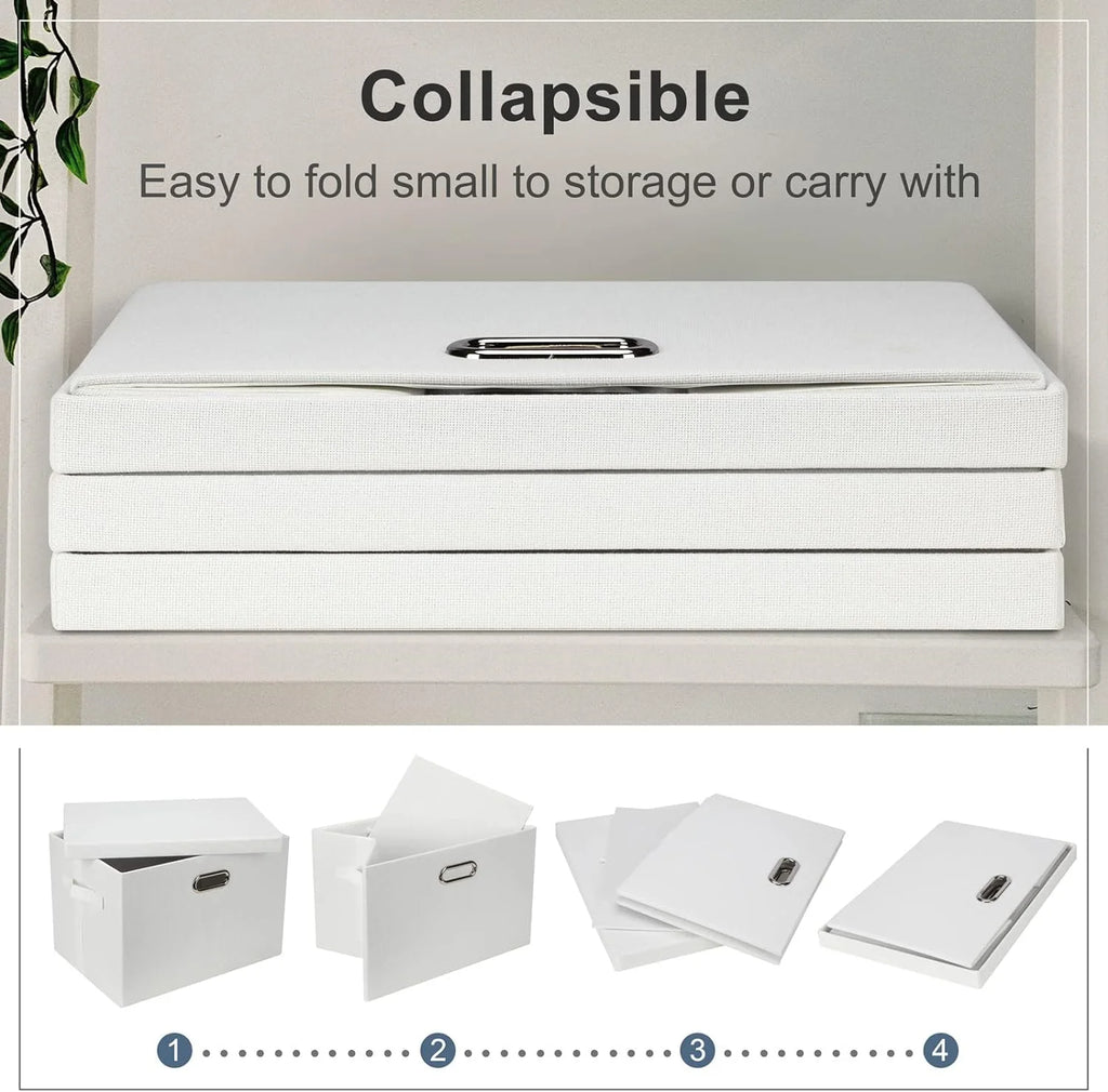 Large 17" 36 Quart Collapsible Stackable Storage Bins with Lids 3 Packs White Linen Fabric Closet Boxes with Lids Storage Cube Baskets Container Organizers for Bedroom Office(17 x12 x11) – Everyday Household Format for Flexible Room-to-Room Use