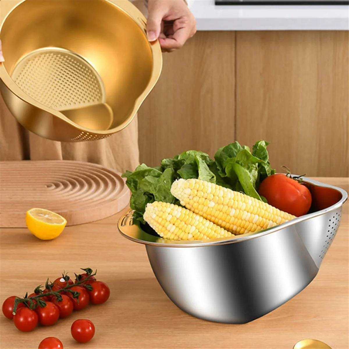 Rice Washer Strainer Bowl Stainless Steel Washing Colander Fruit and Vegetable Kitchen Tool A – Durable Stainless Steel Construction for Flexible Room-to-Room Use