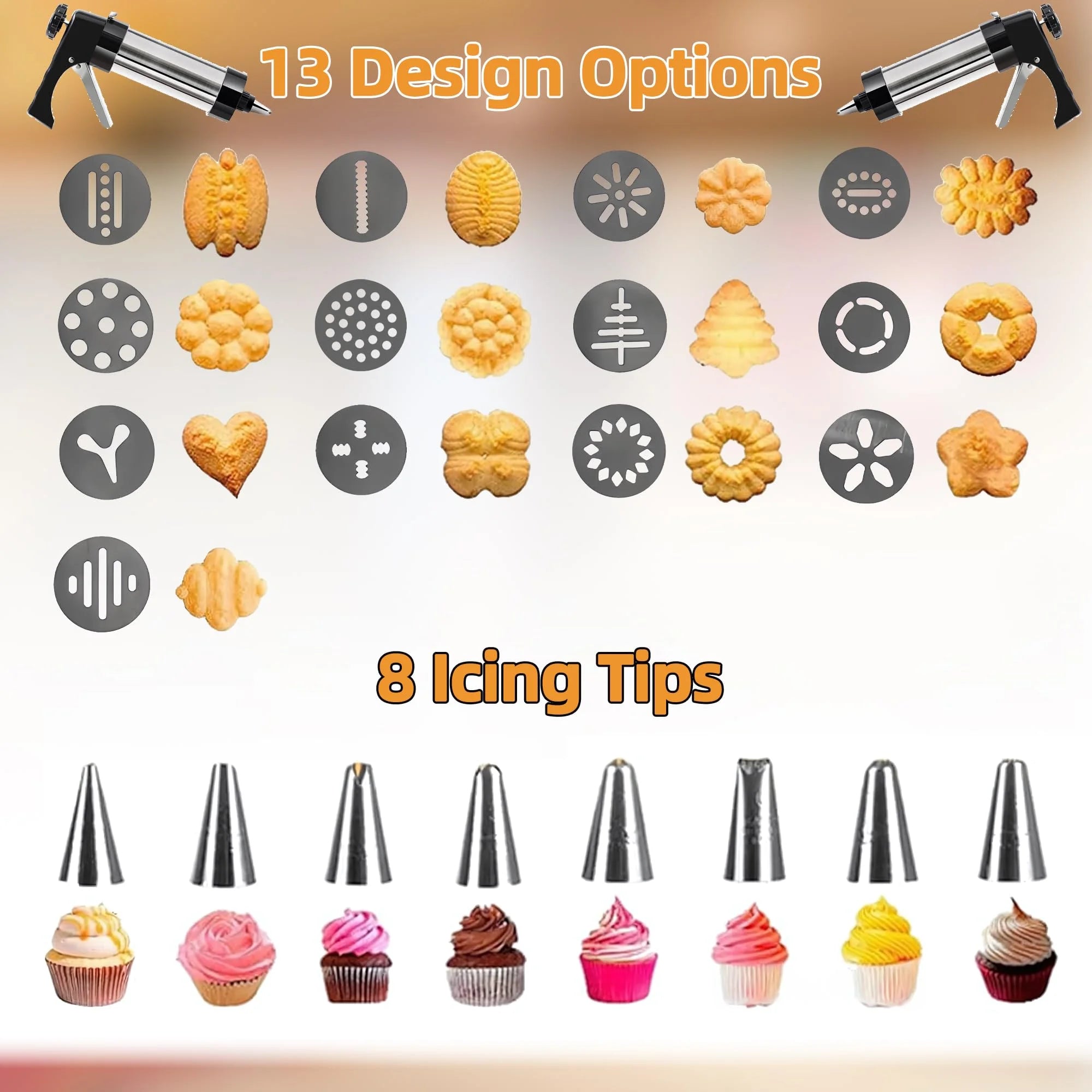 Stainless Steel Cookies Press Cookies Press for Baking,Cookie Press Gun Kit with 13 Cookie Discs and 8 Piping Tips for DIY cake Maker Decorating Baking Supplies – Durable Stainless Steel Construction for Flexible Room-to-Room Use
