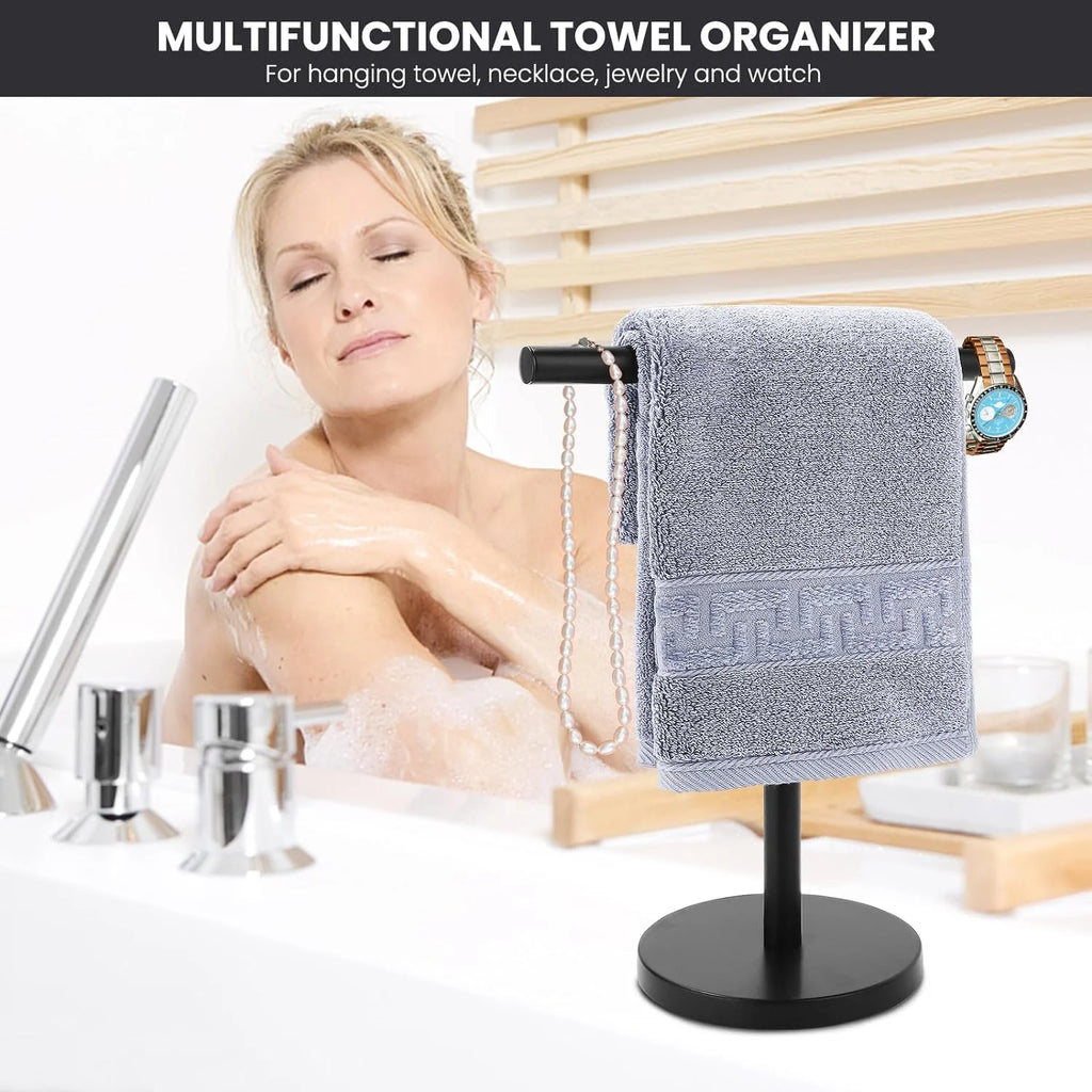 T-Shape Bath Hand Towel Holder Stand Stainless Steel Free Standing Hand Towel Rack with Heavy Base for Bathroom Kitchen & Countertop Matte Black – Durable Stainless Steel Construction for Flexible Room-to-Room Use