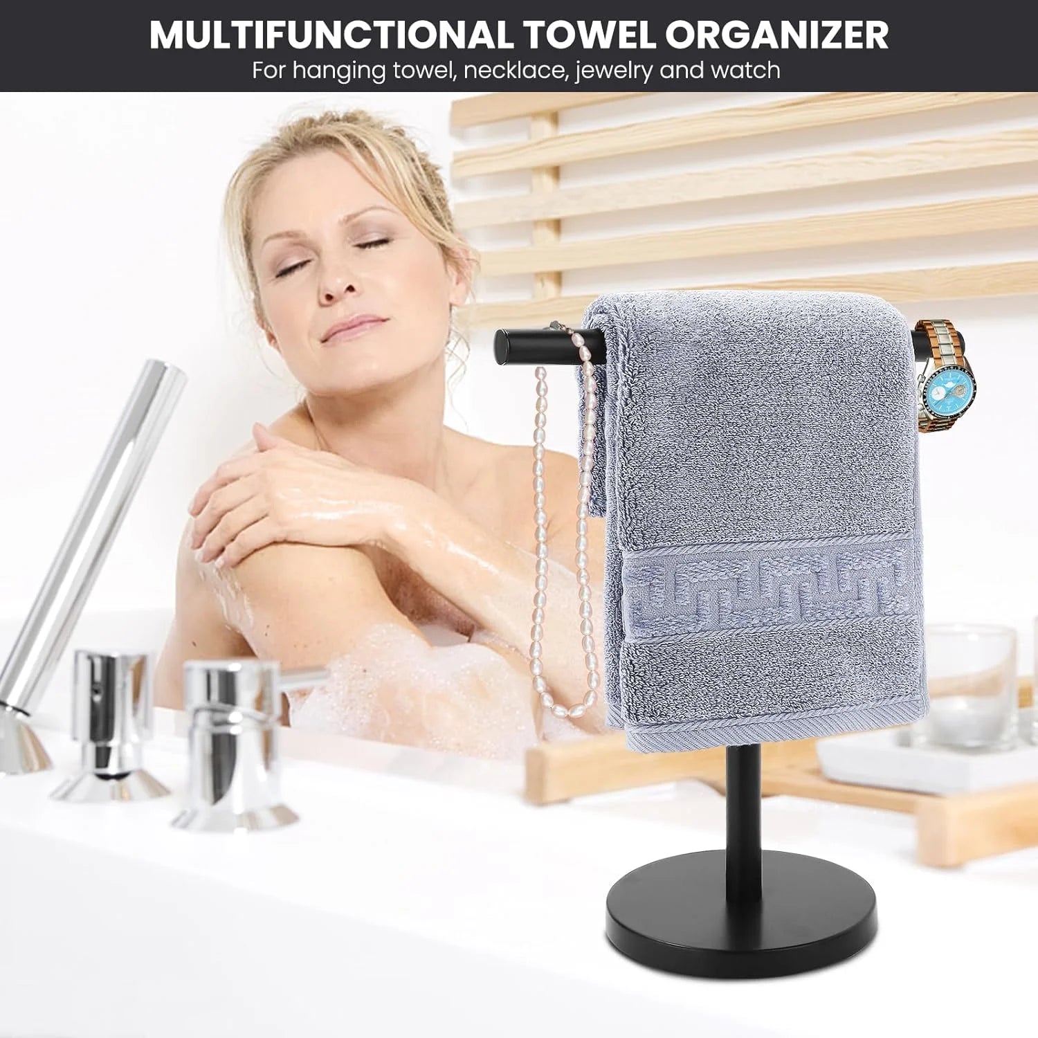 T-Shape Bath Hand Towel Holder Stand Stainless Steel Free Standing Hand Towel Rack with Heavy Base for Bathroom Kitchen & Countertop Matte Black – Durable Stainless Steel Construction for Flexible Room-to-Room Use