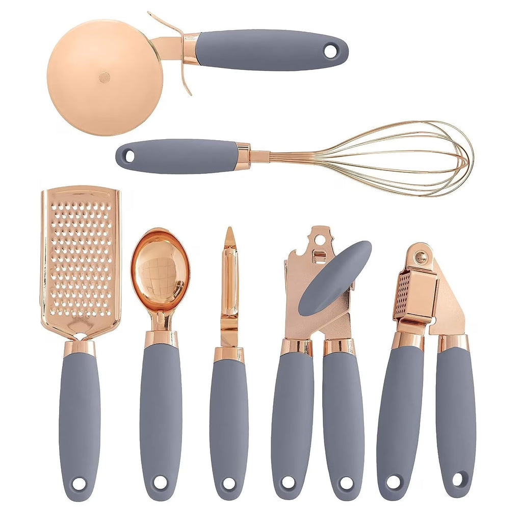 7-Piece Kitchen Gadget Set Copper Coated Stainless Steel Tableware with Soft Touch Handle – Convenient Carry Handles for Flexible Room-to-Room Use