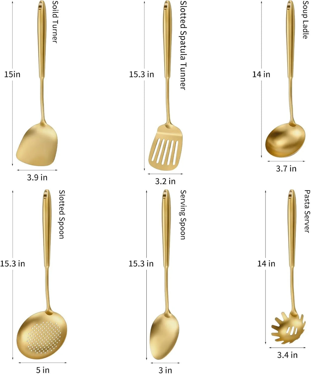304 Stainless Steel Cooking Utensils,6 Pcs Kitchen Cooking Utensils Set with Spatula Solid Spoon Ladle Skimmer Spaghetti Spoon,Dishwasher Suitable(Gold) – Durable Stainless Steel Construction for Flexible Room-to-Room Use