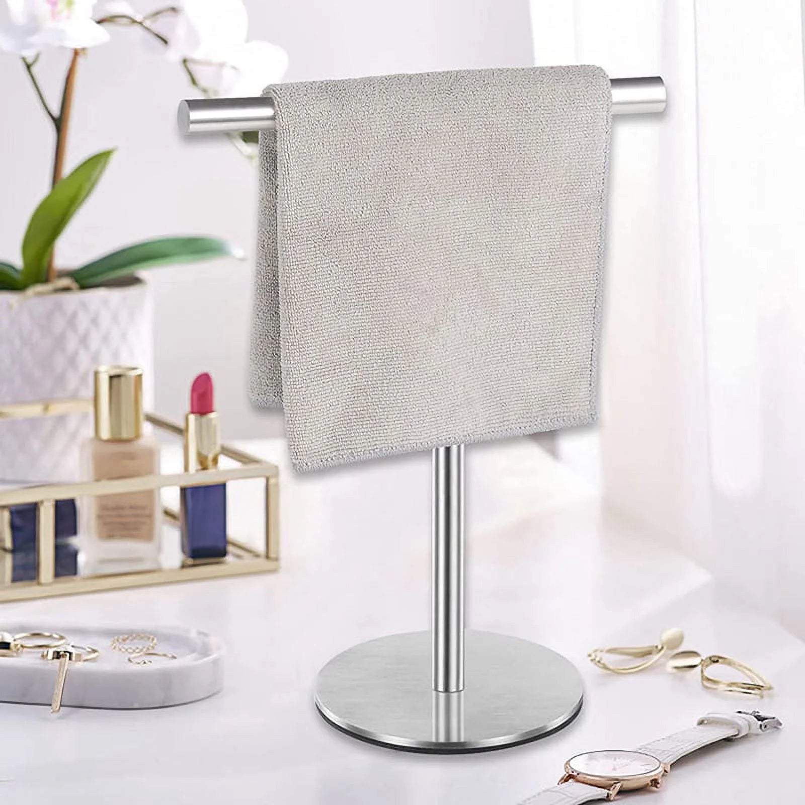 Brushed Standing Towel Rack Heavy Duty Base Stainless Steel T-Shaped Hand Towel Stand for Bathroom Kitchen. – Durable Stainless Steel Construction for Flexible Room-to-Room Use