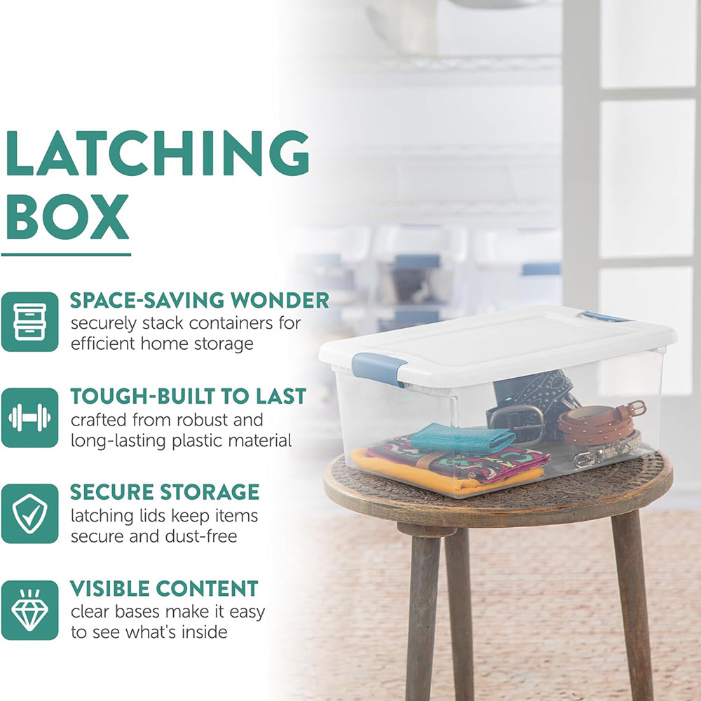15 Qt Latching Storage Box Stackable Bin with Latch Lid Plastic Container to Organize Closet Shelf Clear with White Lid 12-Pack – Multiroom Organization Format for Flexible Room-to-Room Use