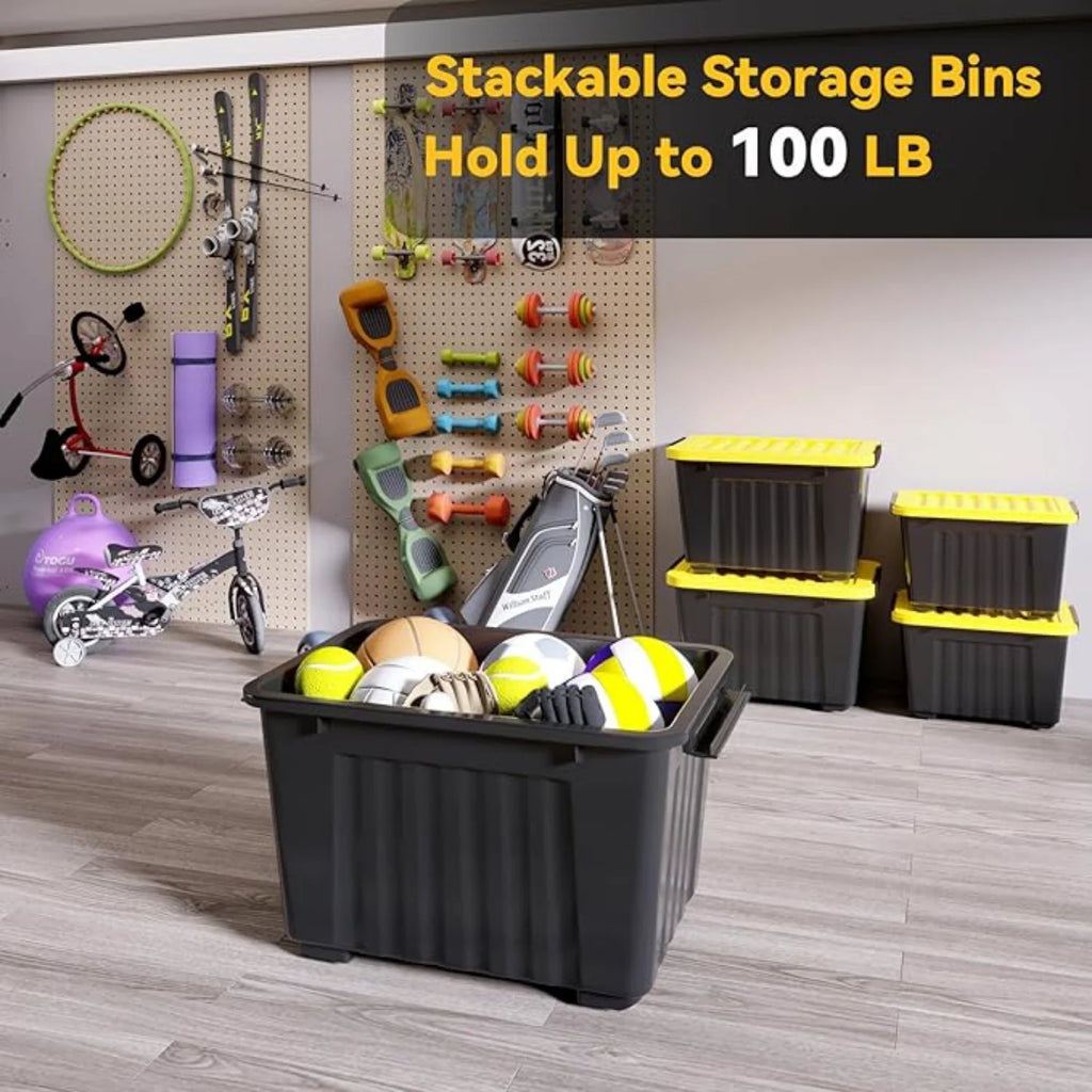 72Quart Plastic Storage Bin Stackable and Nestable Storage Boxes with White Lids and Secure Latching Buckles Large Storage Container (Black/Yellow 72Quart-6Pack) – Stackable Organization for Flexible Room-to-Room Use