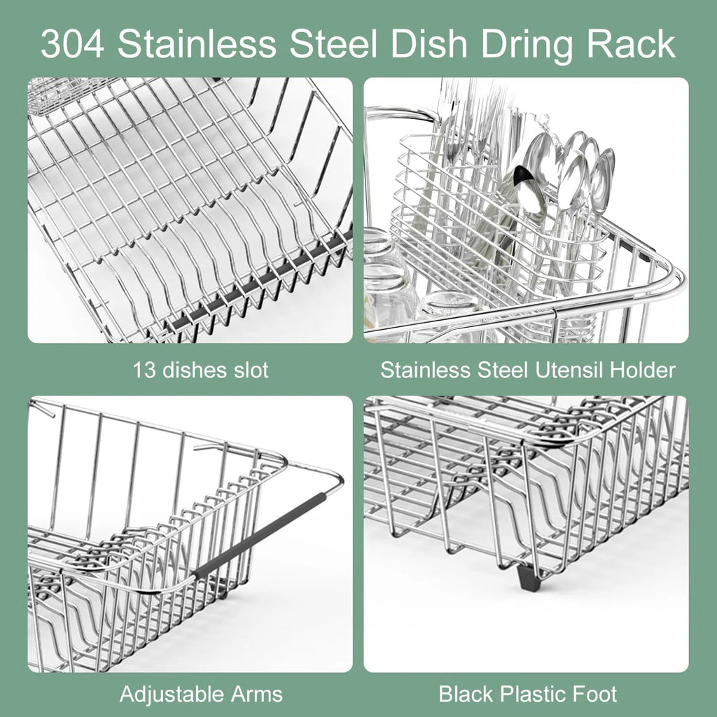 Dish Drying Rack in-Sink 304 Stainless Steel Dish Drainer with Stainless Steel Silverware Holder Over Inside Sink-Adjustable – Durable Stainless Steel Construction for Flexible Room-to-Room Use