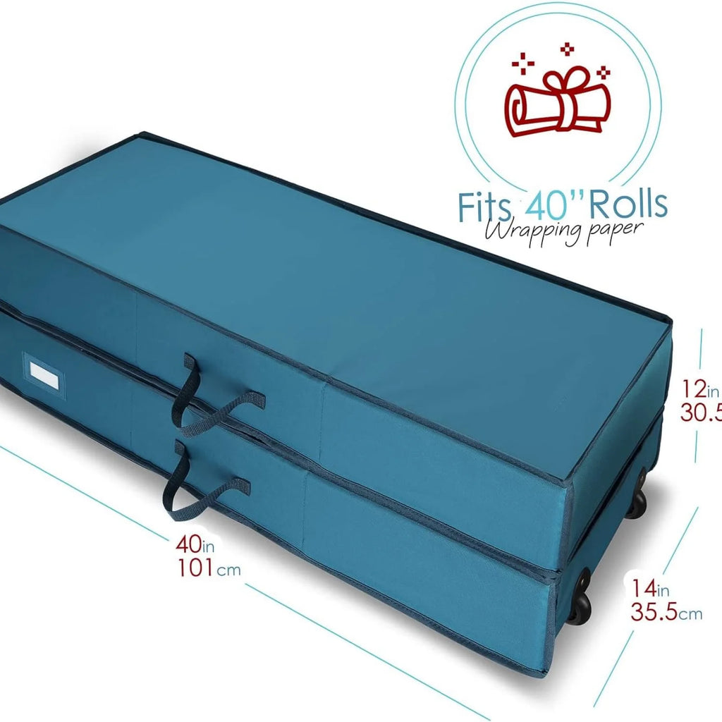 Wrapping Paper Storage Container with Ribbon Dispenser and Interior Pockets - Large Christmas Storage Containers with Wheels Fits 30 Rolls of 40" Length Blue – Everyday Household Format for Flexible Room-to-Room Use