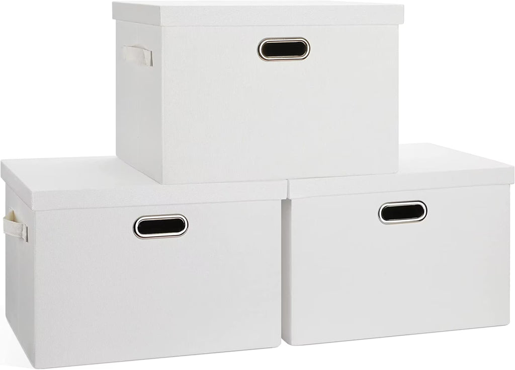 Large 17" 36 Quart Collapsible Stackable Storage Bins with Lids 3 Packs White Linen Fabric Closet Boxes with Lids Storage Cube Baskets Container Organizers for Bedroom Office(17 x12 x11) – Everyday Household Format for Flexible Room-to-Room Use