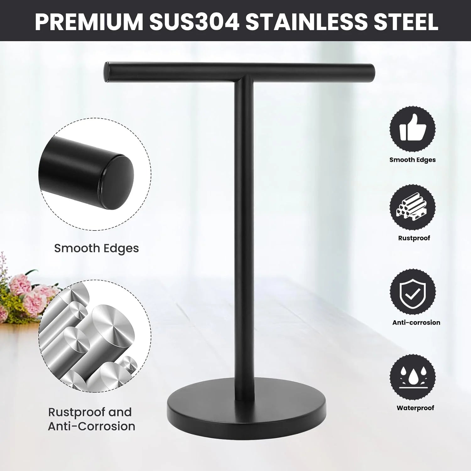 T-Shape Bath Hand Towel Holder Stand Stainless Steel Free Standing Hand Towel Rack with Heavy Base for Bathroom Kitchen & Countertop Matte Black – Durable Stainless Steel Construction for Flexible Room-to-Room Use