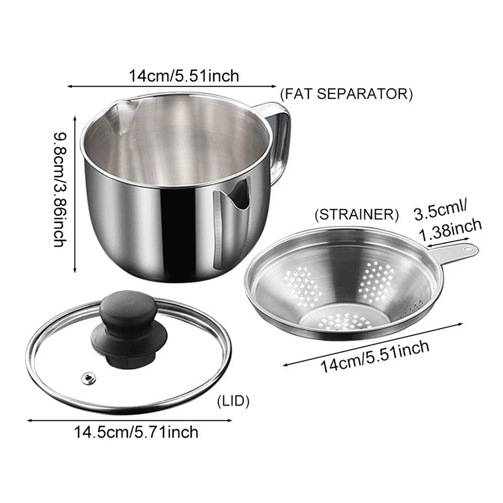 Stainless Steel Fat Separator 1L/4 Cup Gravy Grease with Strainer and Glass Lid Soup Oil Cup – Durable Stainless Steel Construction for Flexible Room-to-Room Use