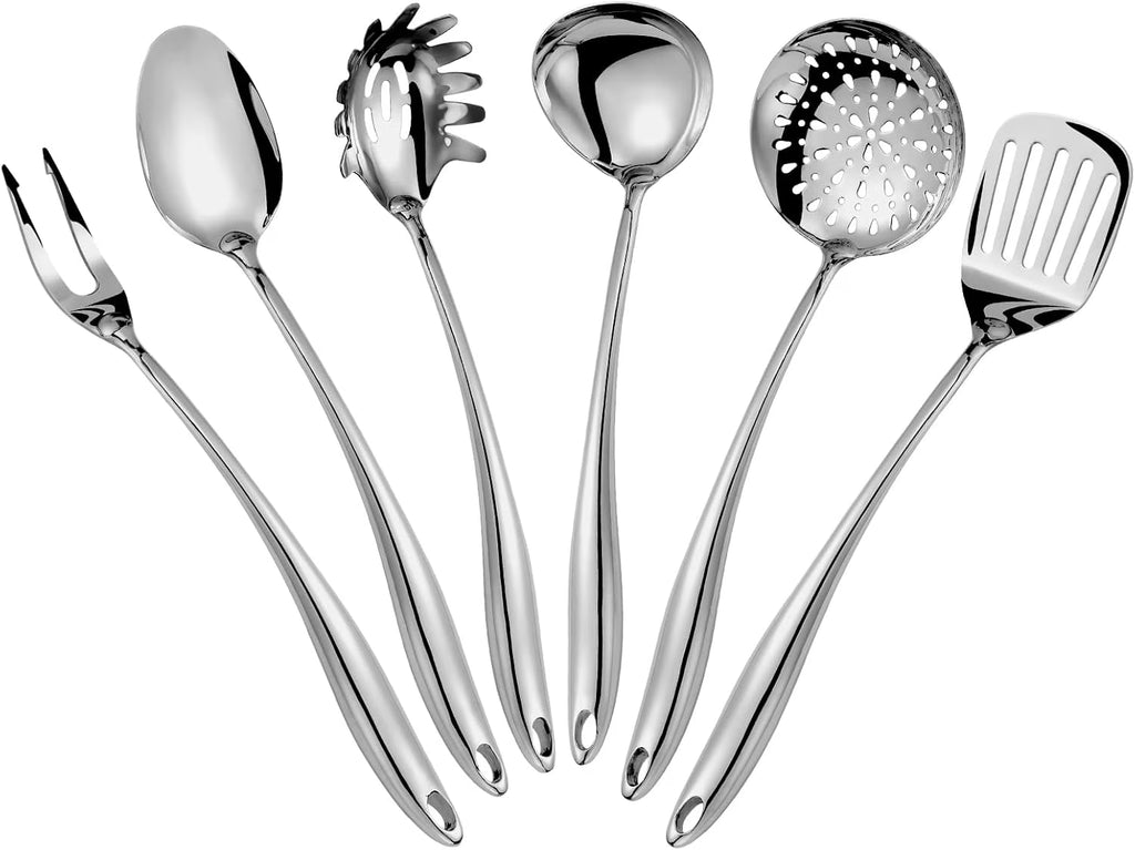 304 Stainless Steel Kitchen Utensils Set 6 Pcs Long Metal Cooking Utensil with Spatula Solid Spoon Ladle Skimmer Spaghetti Spoon Meat Fork Dishwasher Suitable – Durable Stainless Steel Construction for Flexible Room-to-Room Use