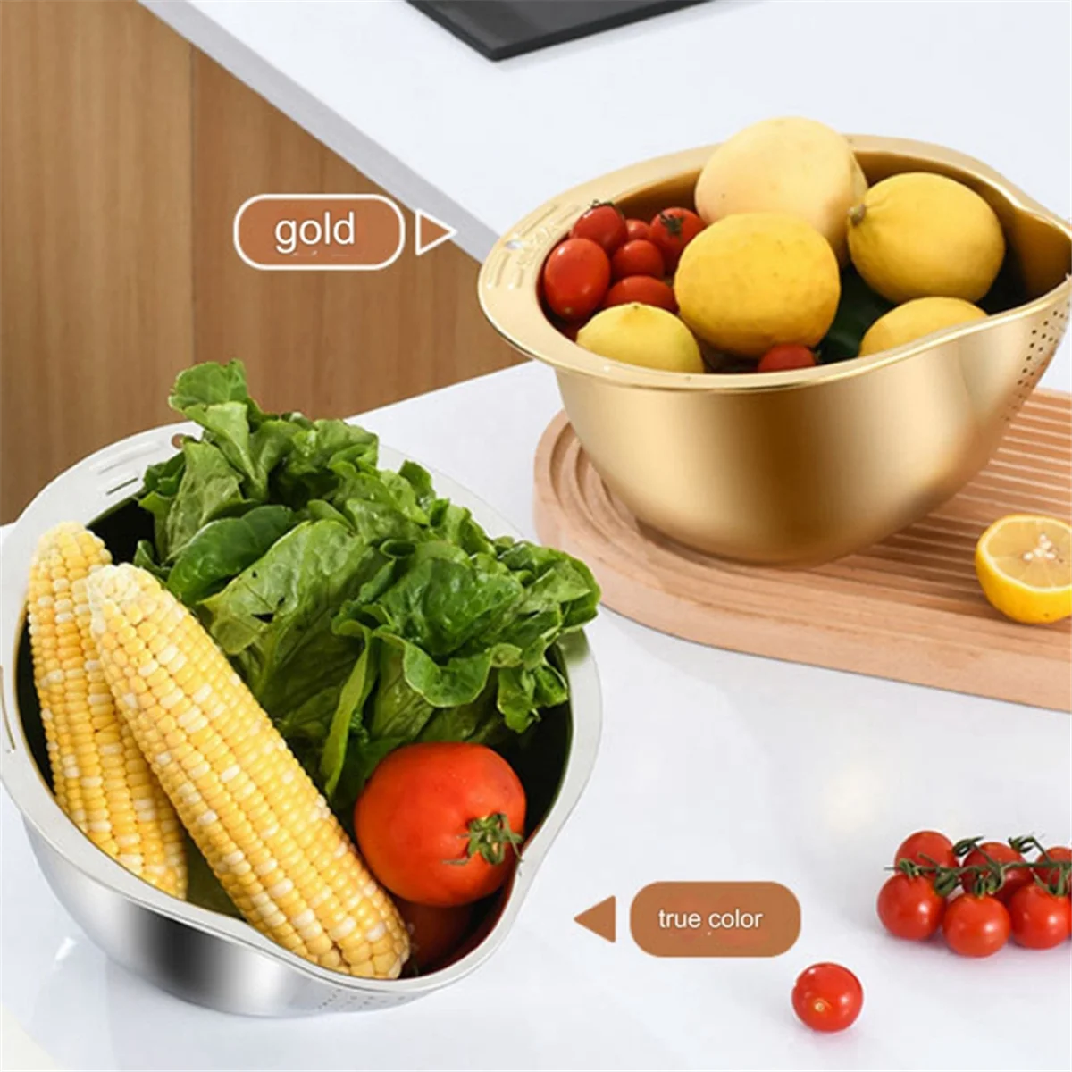 Rice Washer Strainer Bowl Stainless Steel Washing Colander Fruit and Vegetable Kitchen Tool A – Durable Stainless Steel Construction for Flexible Room-to-Room Use