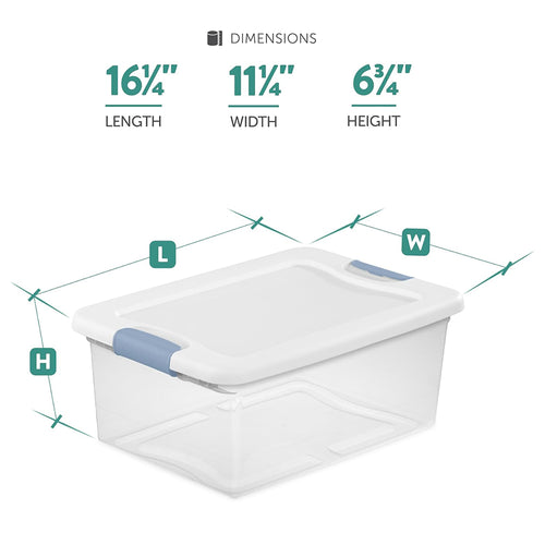 15 Qt Latching Storage Box Stackable Bin with Latch Lid Plastic Container to Organize Closet Shelf Clear with White Lid 12-Pack – Multiroom Organization Format for Flexible Room-to-Room Use