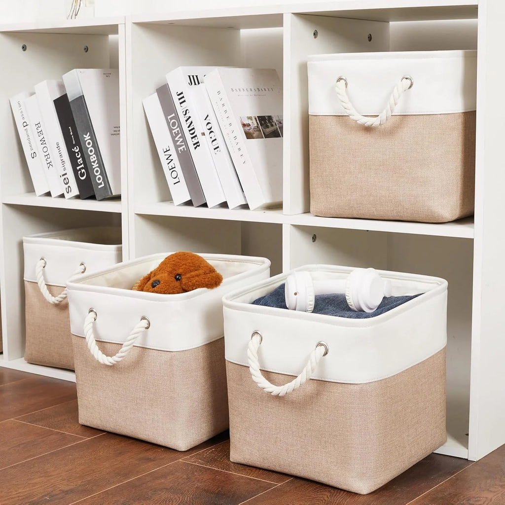 11 x 11 Inch Storage Cubes 6 Pack Large Collapsible Fabric Storage Bin White&Beige – Foldable Space-Saving Design for Flexible Room-to-Room Use