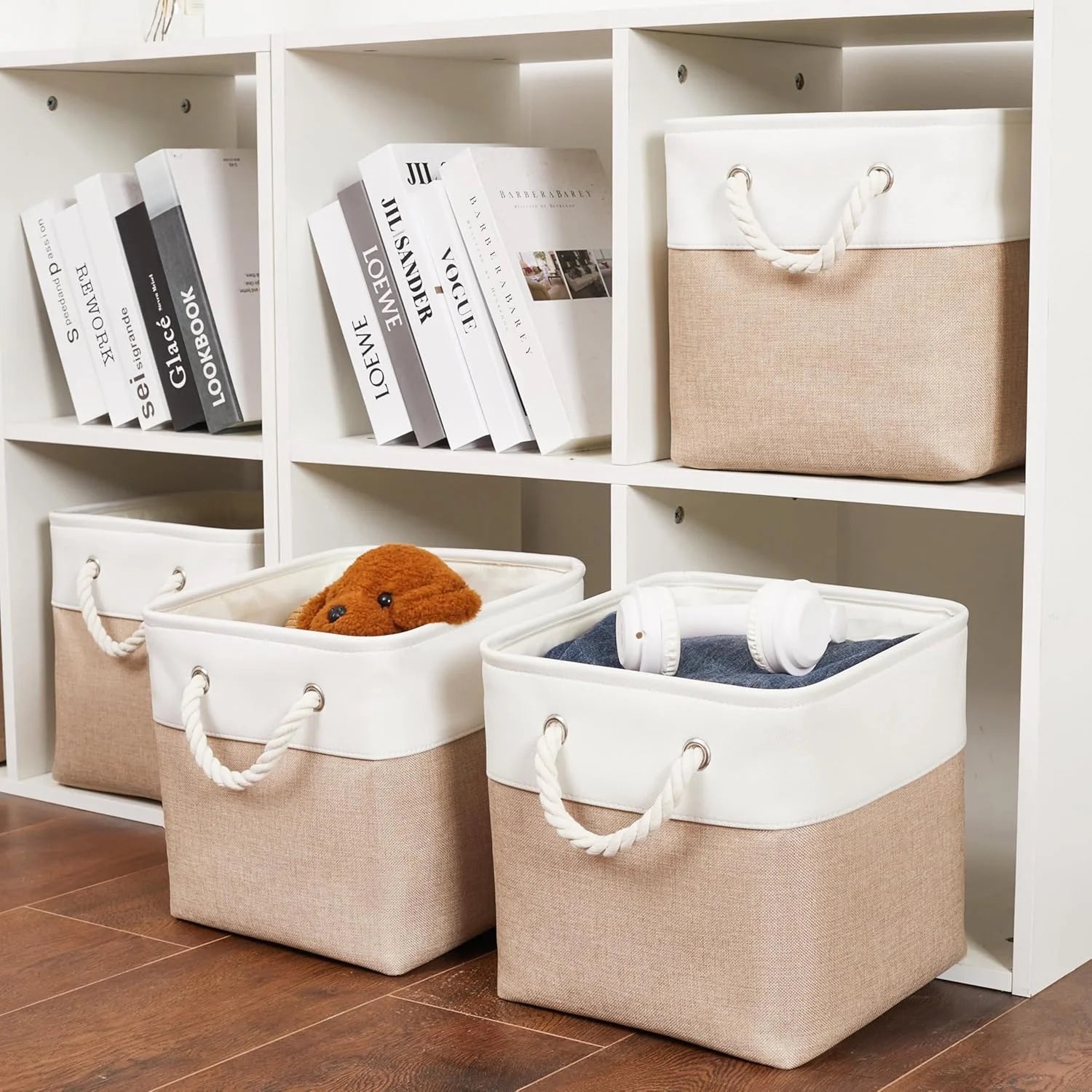 11 x 11 Inch Storage Cubes 6 Pack Large Collapsible Fabric Storage Bin White&Beige – Foldable Space-Saving Design for Flexible Room-to-Room Use