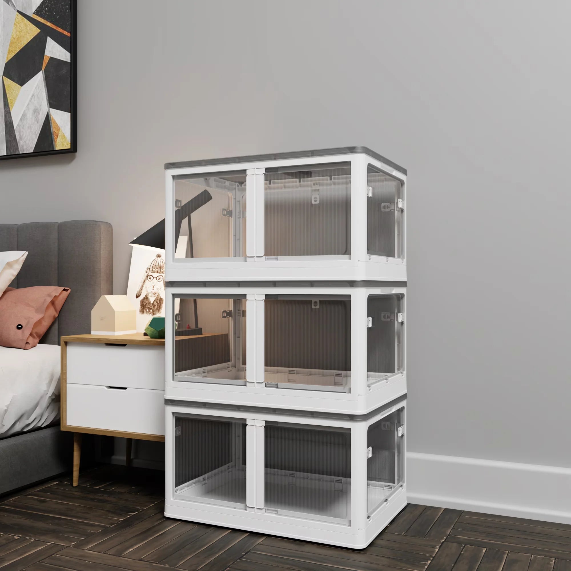 384QT 3-Pack Transparent Stackable Storage Bins with 5 Doors to Open with Wheels Folding Plastic Craft Containers Large Closet Organizers Box for Bedrooms Living Rooms Study Kids' Toys White – Stackable Organization for Flexible Room-to-Room Use