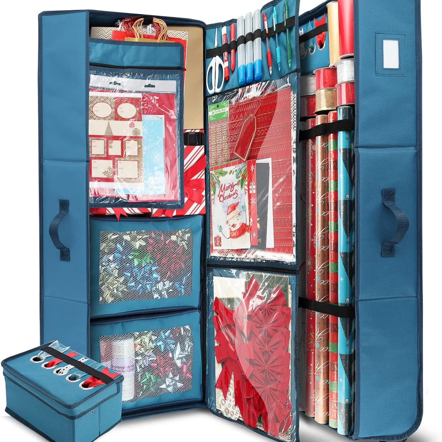Wrapping Paper Storage Container with Ribbon Dispenser and Interior Pockets - Large Christmas Storage Containers with Wheels Fits 30 Rolls of 40" Length Blue – Everyday Household Format for Flexible Room-to-Room Use