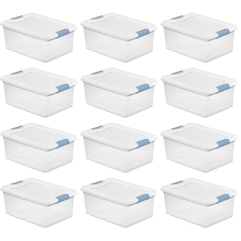 15 Qt Latching Storage Box Stackable Bin with Latch Lid Plastic Container to Organize Closet Shelf Clear with White Lid 12-Pack – Everyday Household Format for Flexible Room-to-Room Use