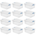 15 Qt Latching Storage Box Stackable Bin with Latch Lid Plastic Container to Organize Closet Shelf Clear with White Lid 12-Pack – Multiroom Organization Format for Flexible Room-to-Room Use