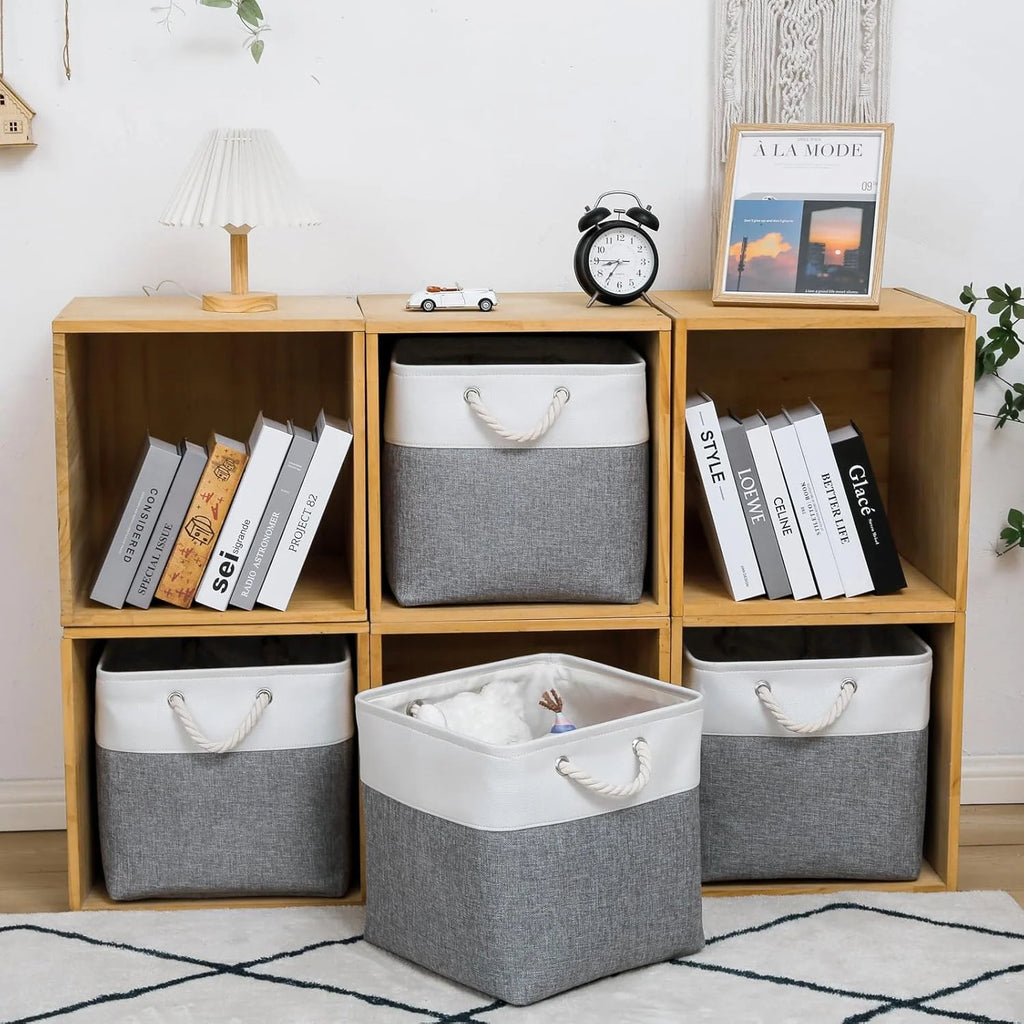 13 x 13 Inch Cube Storage Bins 6 Pack Extra Large Collapsible Fabric Storage Bin with Ropes Foldable Storage Cubes for Home (White & Beige-13"x13"x13") – Foldable Space-Saving Design for Flexible Room-to-Room Use