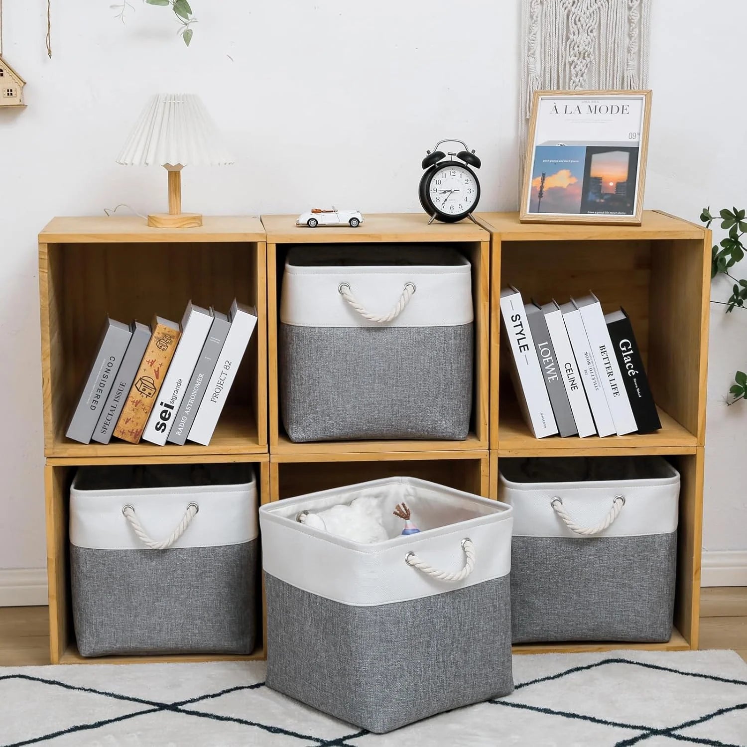 13 x 13 Inch Cube Storage Bins 6 Pack Extra Large Collapsible Fabric Storage Bin with Ropes Foldable Storage Cubes for Home (White & Beige-13"x13"x13") – Foldable Space-Saving Design for Flexible Room-to-Room Use