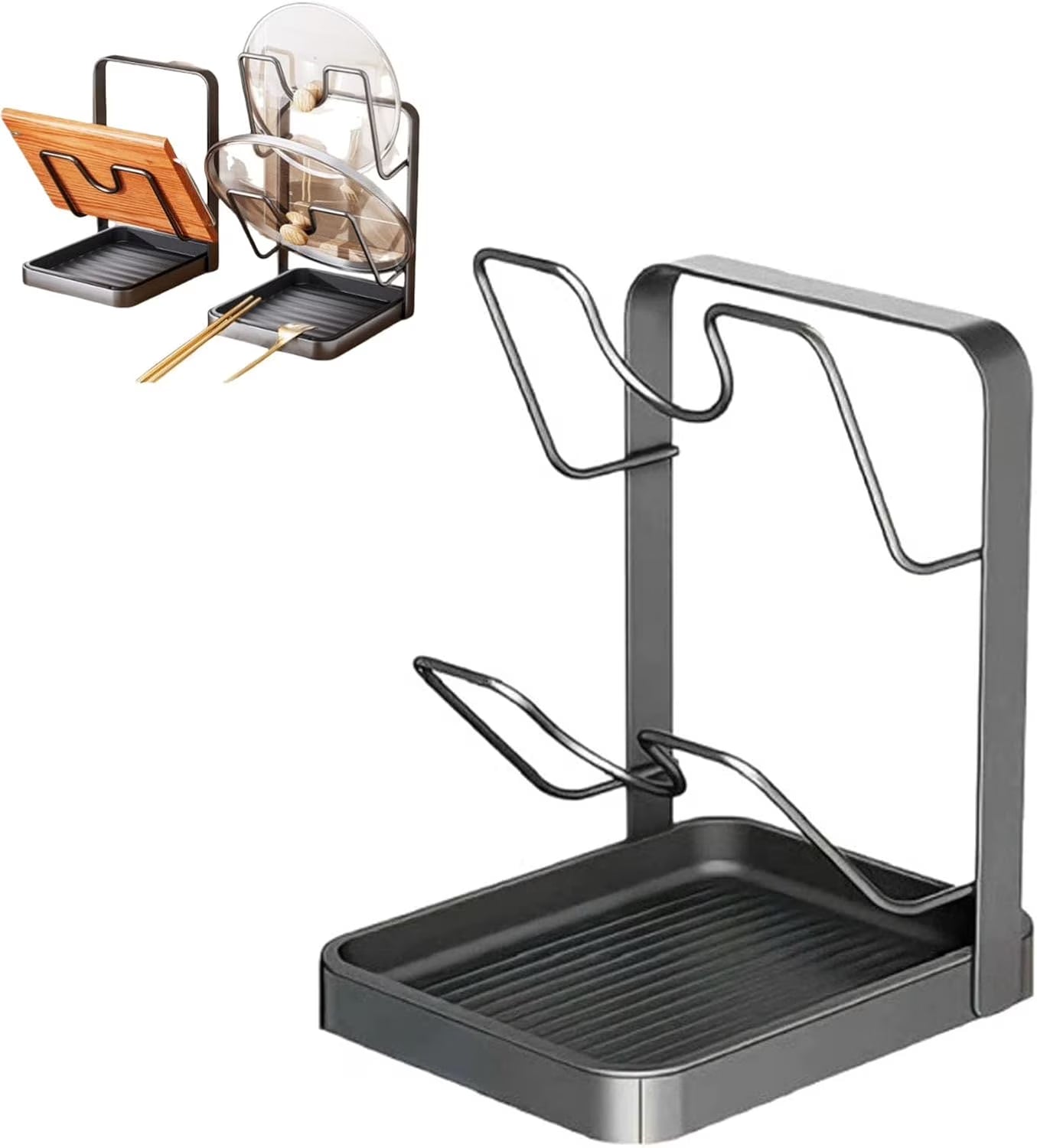 Kitchen Pot Lid Storage Rack 304 Stainless Steel Pot Lid Holder While Cooking Multifunctional Kitchen Pot Cover Organizer for Countertop With Removable Drip Tray – Durable Stainless Steel Construction for Flexible Room-to-Room Use