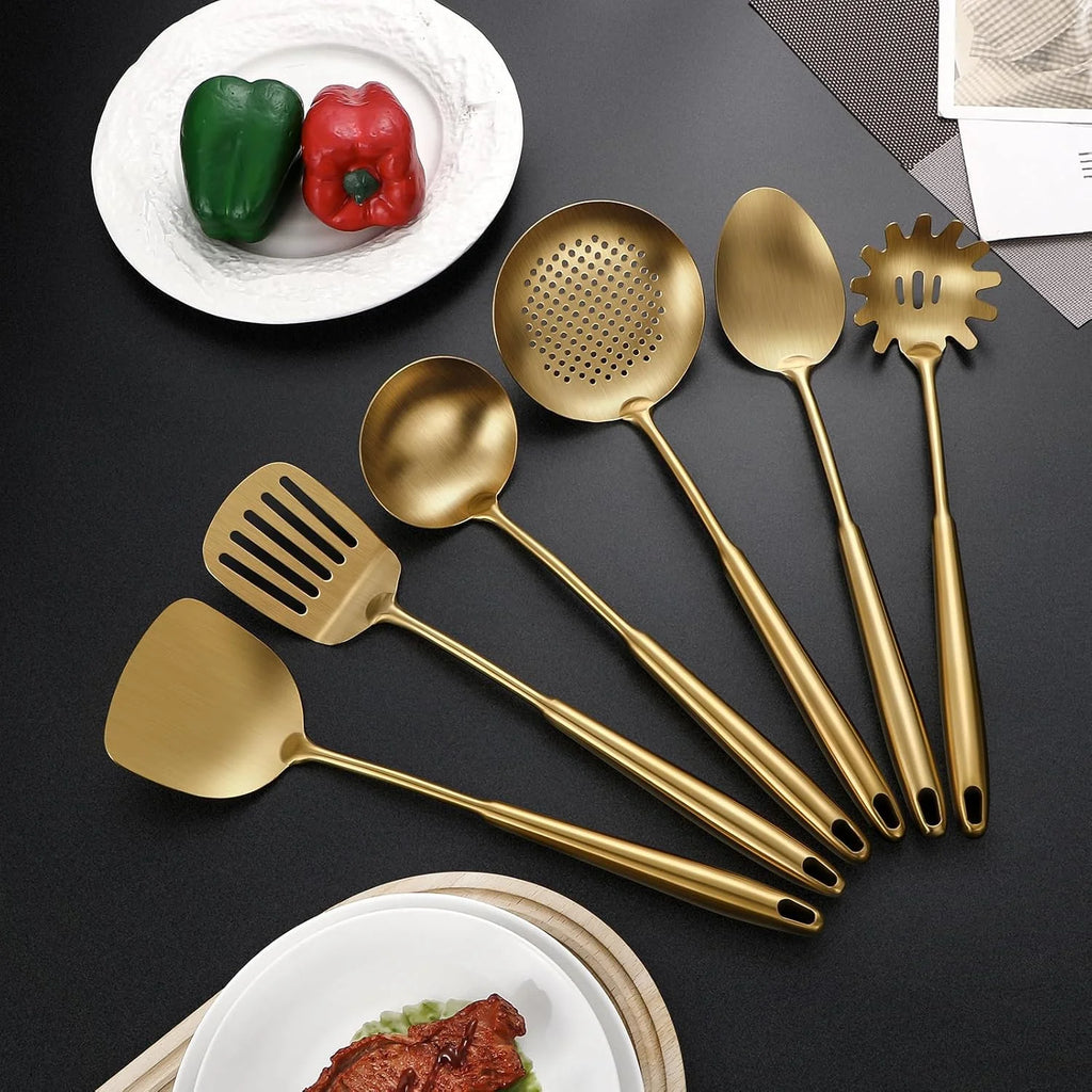 304 Stainless Steel Cooking Utensils,6 Pcs Kitchen Cooking Utensils Set with Spatula Solid Spoon Ladle Skimmer Spaghetti Spoon,Dishwasher Suitable(Gold) – Durable Stainless Steel Construction for Flexible Room-to-Room Use