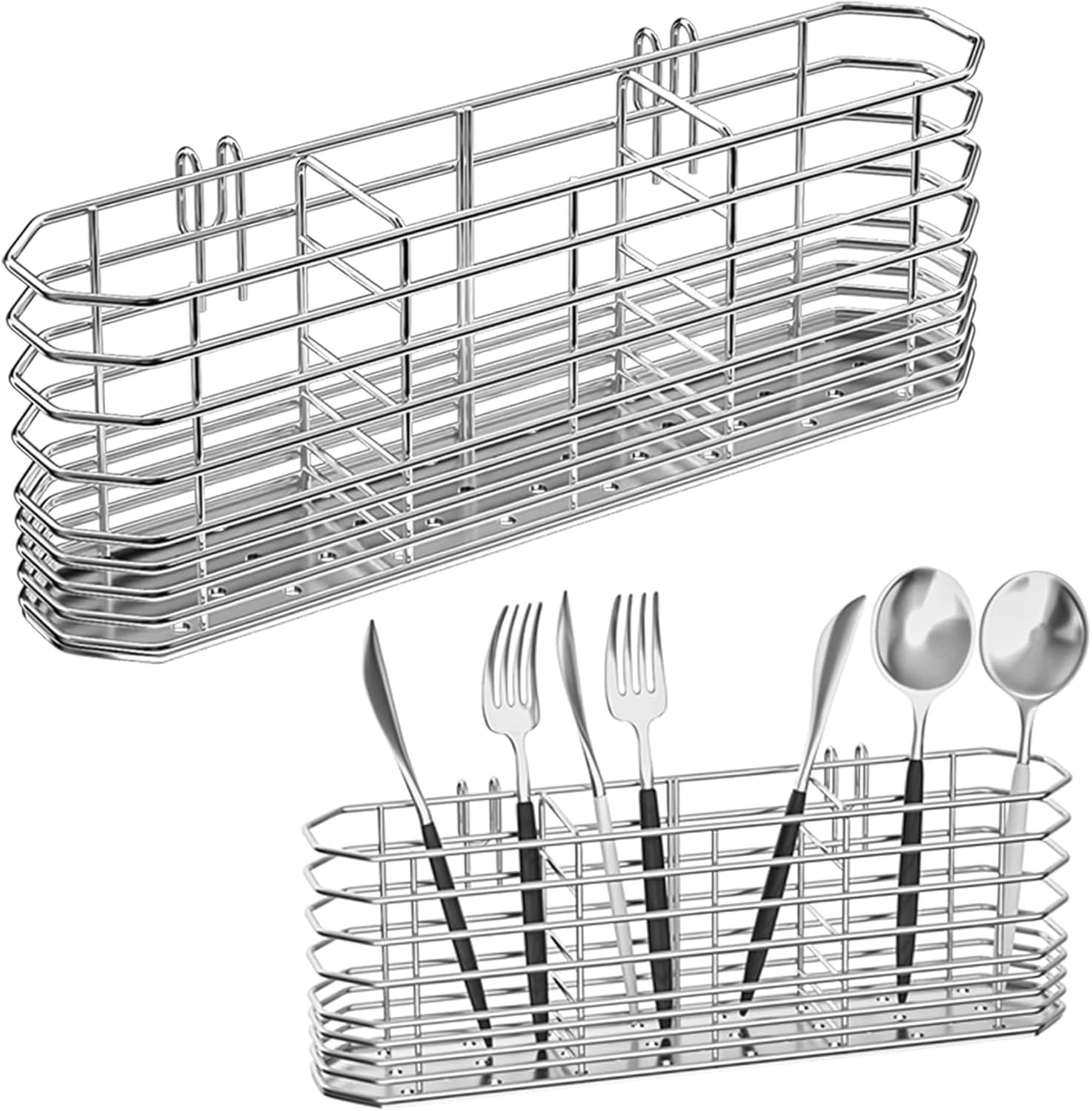 304 Stainless Steel Utensil Holder Dish Drying Rack kitchen Utensil Organizer Knife and Fork Drainage Rack Kitchen Drainage Basket Accessories With Hooks Rust-resistant Color-Silver – Durable Stainless Steel Construction for Flexible Room-to-Room Use
