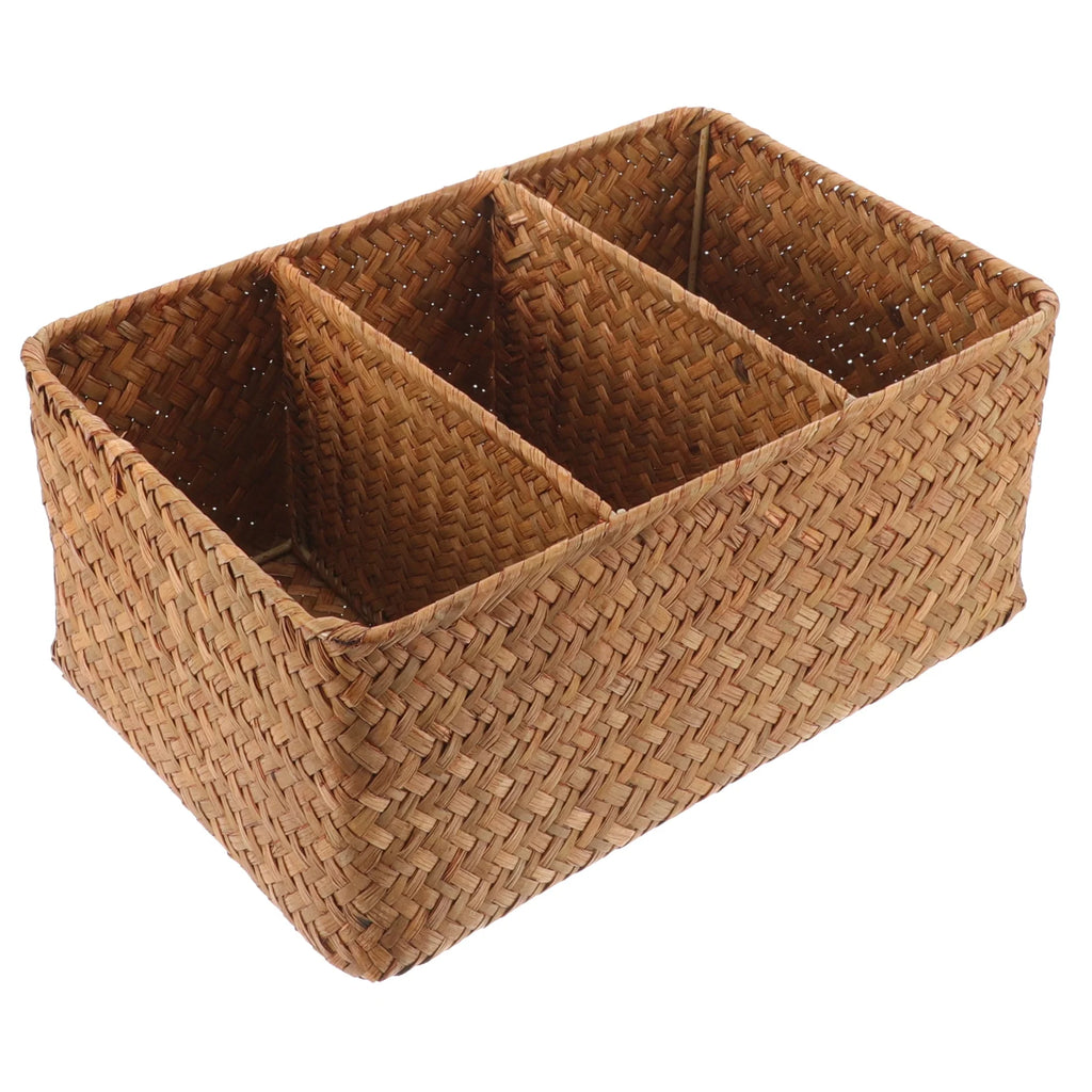 Straw Desktop Storage Box Pantry Basket Bins Hamper for Shelves with Lid Chocolate – Secure Lid Design for Flexible Room-to-Room Use
