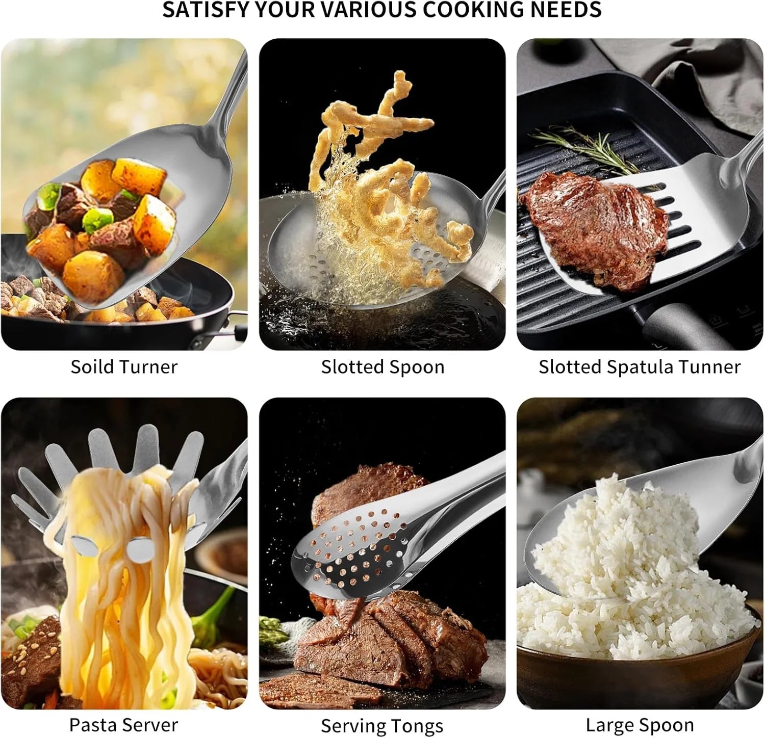 304 Stainless Steel Cooking Utensils,6 Pcs Kitchen Cooking Utensils Set with Spatula Solid Spoon Ladle Skimmer Spaghetti Spoon,Dishwasher Suitable – Durable Stainless Steel Construction for Flexible Room-to-Room Use