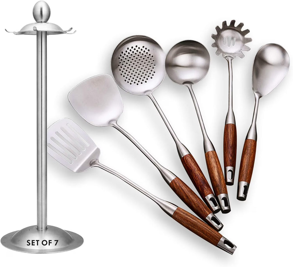 Cooking Utensils Set,7pcs 304 Stainless Steel Kitchen Utensils Set with Holder,Heat Resistant Wooden Handle Kitchen Tools – Convenient Carry Handles for Flexible Room-to-Room Use
