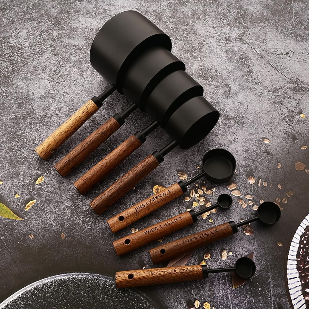 8 pieces Golden Measuring Cups Set and Measuring Spoons Set with Scale Wooden Handle Stainless Steel Dry & Liquid Measuring Cup for Cooking Baking – Convenient Carry Handles for Flexible Room-to-Room Use