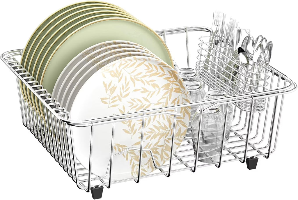 Dish Drying Rack in-Sink 304 Stainless Steel Dish Drainer with Stainless Steel Silverware Holder Over Inside Sink-Adjustable – Durable Stainless Steel Construction for Flexible Room-to-Room Use