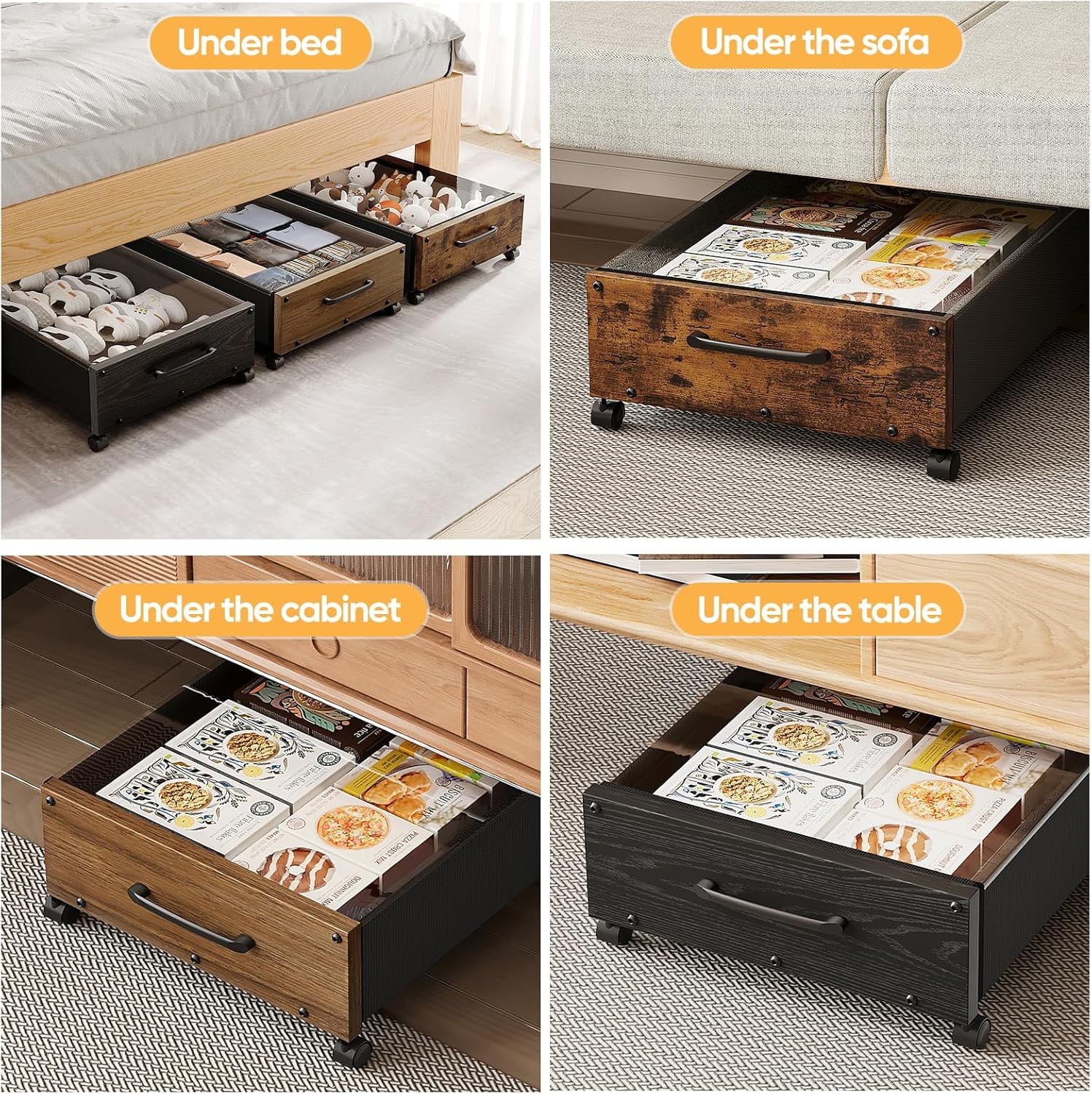 Wooden Under Bed Storage with Wheels Rolling Under the Bed Storage Bins with Removable Lid Metal Under Bed Drawers for Clothes and Shoes in Bedroom or Living Room(Black Wood-2pack) – Easy-Roll Mobility for Flexible Room-to-Room Use