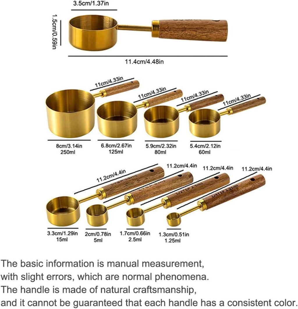 8 pieces Golden Measuring Cups Set and Measuring Spoons Set with Scale Wooden Handle Stainless Steel Dry & Liquid Measuring Cup for Cooking Baking – Convenient Carry Handles for Flexible Room-to-Room Use
