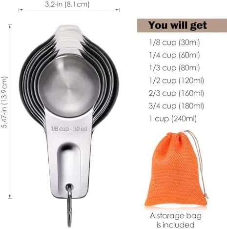 Measuring Cups 7PCS Stainless Steel Measuring Cups with a Storage Bag for Cooking & Baking Dishwasher Suitable – Durable Stainless Steel Construction for Flexible Room-to-Room Use