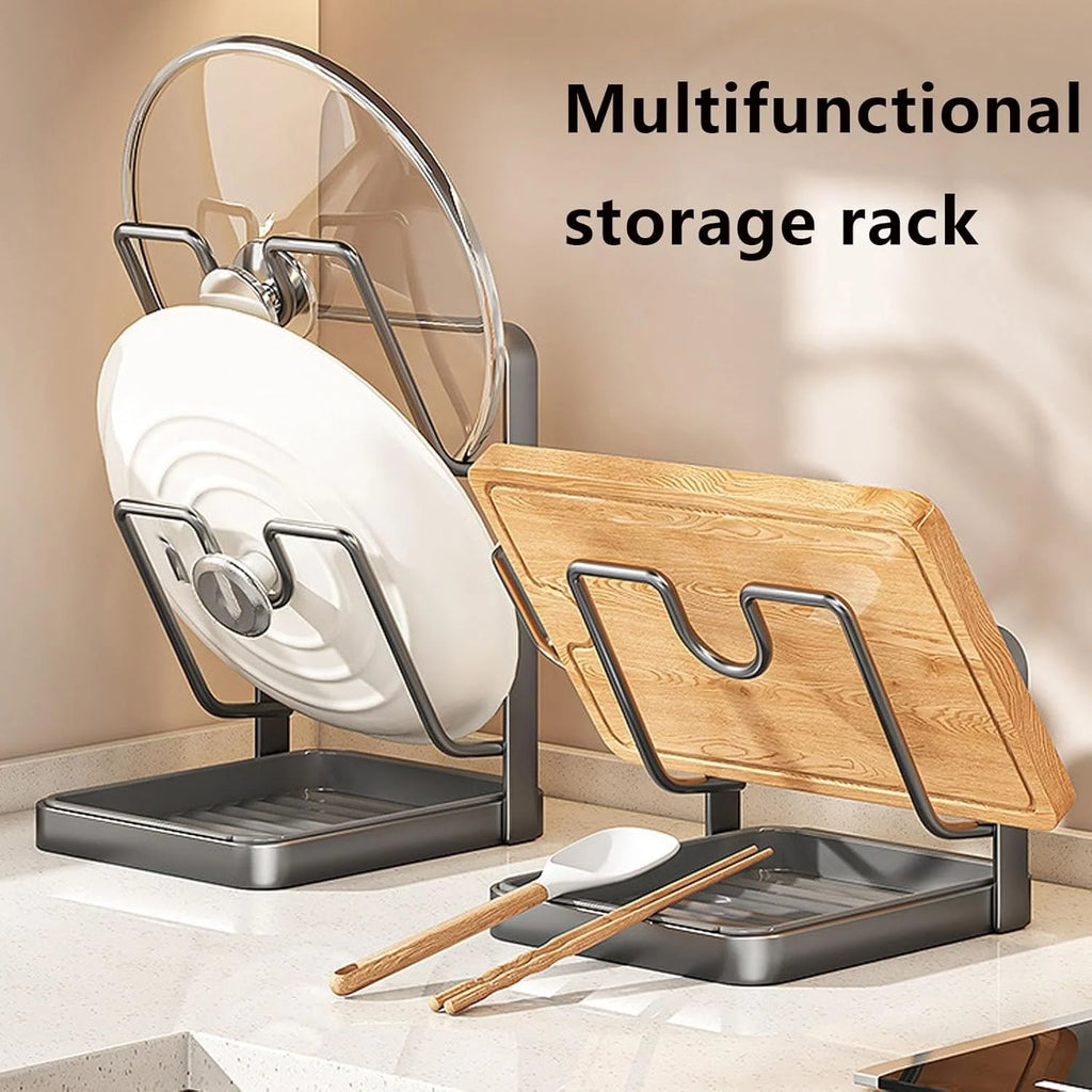 Kitchen Pot Lid Storage Rack 304 Stainless Steel Pot Lid Holder While Cooking Multifunctional Kitchen Pot Cover Organizer for Countertop With Removable Drip Tray – Durable Stainless Steel Construction for Flexible Room-to-Room Use