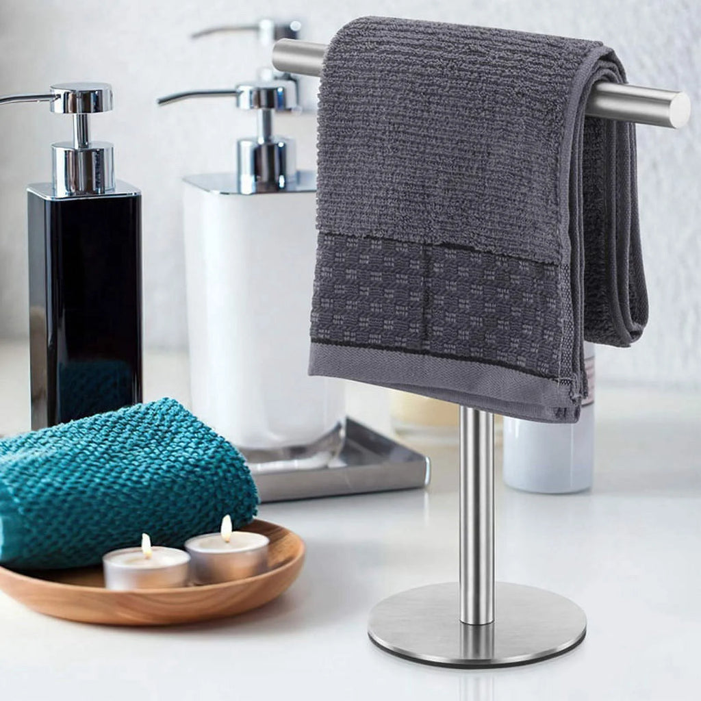 Brushed Standing Towel Rack Heavy Duty Base Stainless Steel T-Shaped Hand Towel Stand for Bathroom Kitchen. – Durable Stainless Steel Construction for Flexible Room-to-Room Use